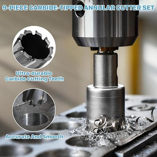 KEENTECH 9-PC Carbide-Tipped Annular Cutter Set, 1/2" to 1-1/16" Cutting Diameter, 1-3/8" Cutting Depth, 1/4" Weldon Shank Mag Drill Bits Kit, 2pcs Pilot Pins& 1pc Hex Wrench Included
