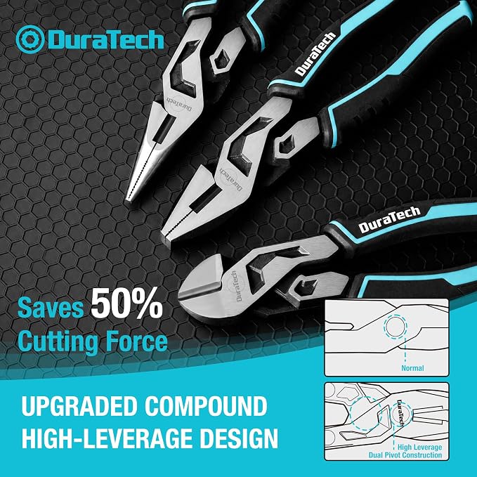 DURATECH 6 Inch Slip Joint Pliers, Small Pliers with Comfortable TPR Handle, High Carbon Steel, Swivel Rivet & DURATECH 3-Piece Compound Pliers Set, Gen 2 Dual Pivot Design for Ultra Labor-Saving