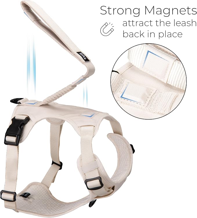 TUG Grab Dog Harness with Built-in Magnetic Traffic Leash (XL/Cream) | Padded Magnetic Traffic Handle | Dual Leash Clips | 4-Point Adjustable Fit | Durable Nylon
