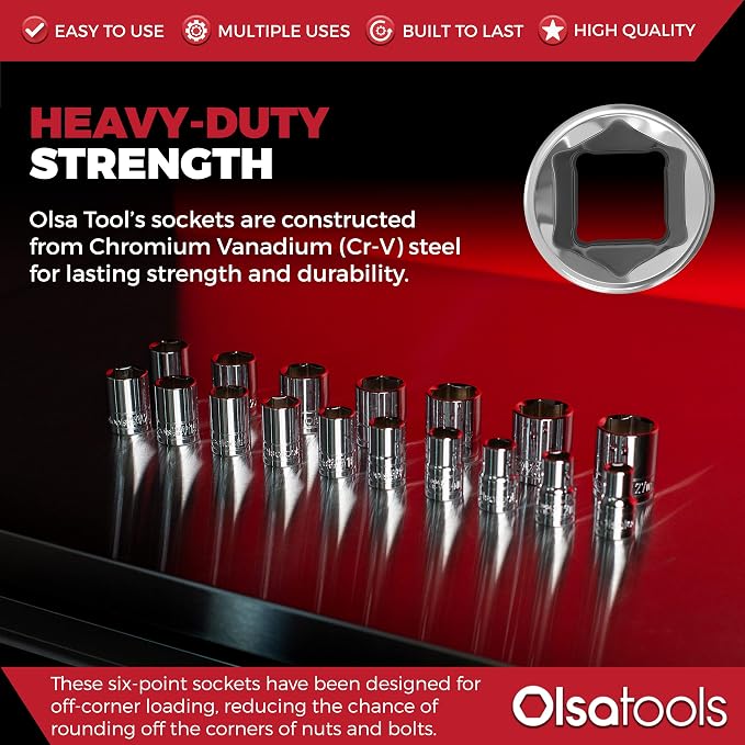 Olsa Tools 1/2-Inch Drive SAE Deep Socket Set - 18pc | 6-Point Chrome Vanadium Sockets, 10mm-27mm, No Skipped Sizes - Professional-Grade SAE Socket Sets - Part: 1326
