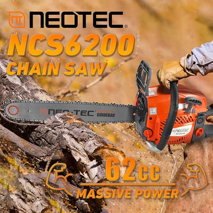 NEO-TEC 62cc 20 Inch Gas Powered Chainsaw 2-Cycle Petrol 3.5HP Handheld Reliable Motosierra De Gasolina for Tree Pruning Wood Cutting Firewood Preparation and Yard Maintenance