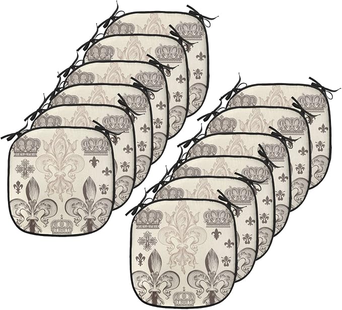 Lunarable Fleur De Lis Chair Cushion Pads Set 12, Heraldic Pattern Royal Flower and Crowns Tiara Coat of Arms Knight, Anti-Slip Seat Padding for Kitchen & Patio, 16"x16", Beige Taupe and Ivory