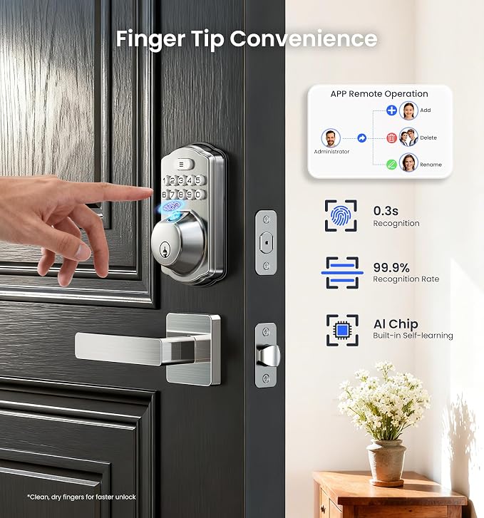 Veise VE012W-L WiFi Fingerprint Deadbolt Lock with Handle Set, Satin Nickel | Built-in WiFi, APP Remote & Voice Control, Real-time Alert, Smart Keyless Entry for Front Door, Back-Lit Keypad, Auto Lock