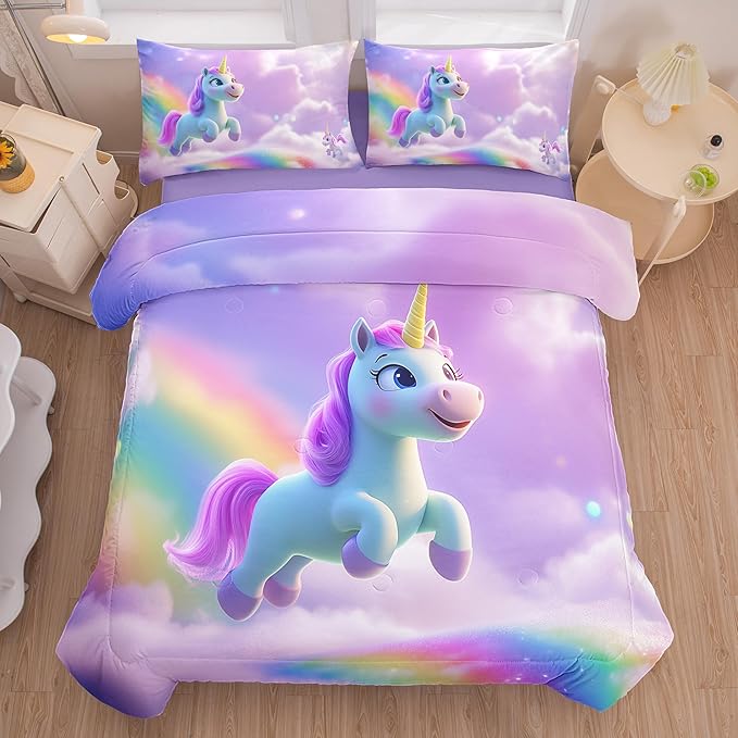 5PCS Unicorn Comforter Sets - Full, Rainbow & Pink Cute Bedding Sets for Girls - Kawaii Comforter Set with Sheets