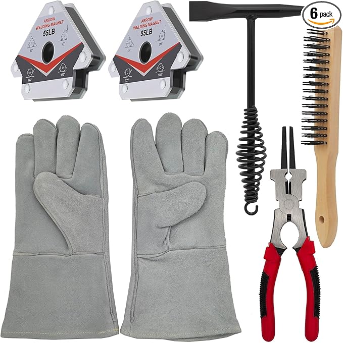 VASTOOLS Welding Accessories,6pc,Chipping Hammer 10.5",Leather Welding Gloves 13.5",6-in-1 Welpers Pliers 8",Wire Brush 11",Welding Magnet 50LB