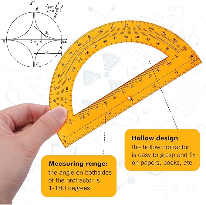 Zonon 2 Pcs 6 Inch Plastic Protractor Math Protractors 180 Degrees Angle Measurement, Translucent for Geometry Classroom Kid Student School Office Supplies(Orange)