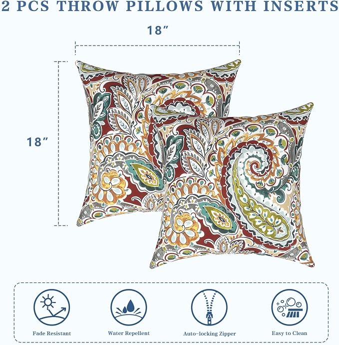 LVTXIII 2 Pack Outdoor Pillows 18x18 Inch, Square Throw Pillows with Inserts, Decorative Water-Repellent Pillow Cushions for Patio Furniture and Garden Sofa, Vibrant Paisley
