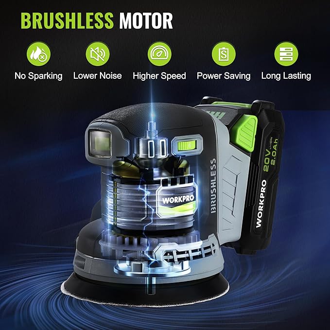 WORKPRO 5-Inch Cordless Random Orbital Sander, 20V Brushless Electric Orbit Sander, 6 Variable Speeds 6000-12000 RPM, Palm Sander with Battery, Dust Collector, 15 PCS Sanding Discs for Woodworking