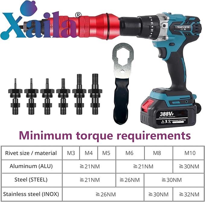 Xaila 3/8" Rivet Nut Drill Adapter Kit - M3 to M10 & 10-24 to 3/8-16, CNC Machined Power Tool Attachment Converts Your Drill into a Rivet Nut Setter, Replacement for Astro ADN38 XL Style Tools