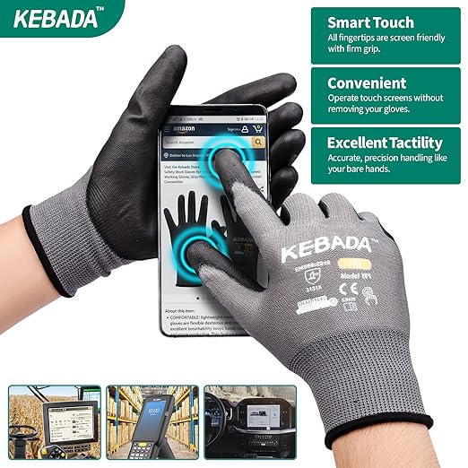Kebada W1 Work Gloves for Men and Women, PU Coated Safety Gloves with Grip, Touchscreen, Ideal for Warehouse Package Handling, Construction, Gardening, Grey XS