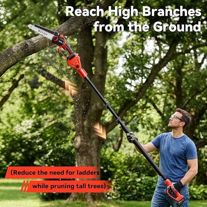 4-In-1 Electric Pruning Shears & Pole Saw Combo, 8 Inch Mini Chainsaw Cordless with 2×4.0 Ah Batteries, Extendable Tree Trimmer, 4 Modes Adjustable Branch Cutter for Garden Trimming (Red)
