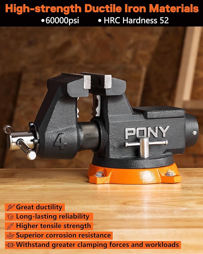 PONY 4 Inch Heavy Duty Bench Vise 4400LBS Clamping Force, Pro Workshop Workbench Vise with 360-Degree Rotatable Base and Anvil, 4-Inch Jaw Opening and Width for Woodworking, Drilling, Pipe Cutting
