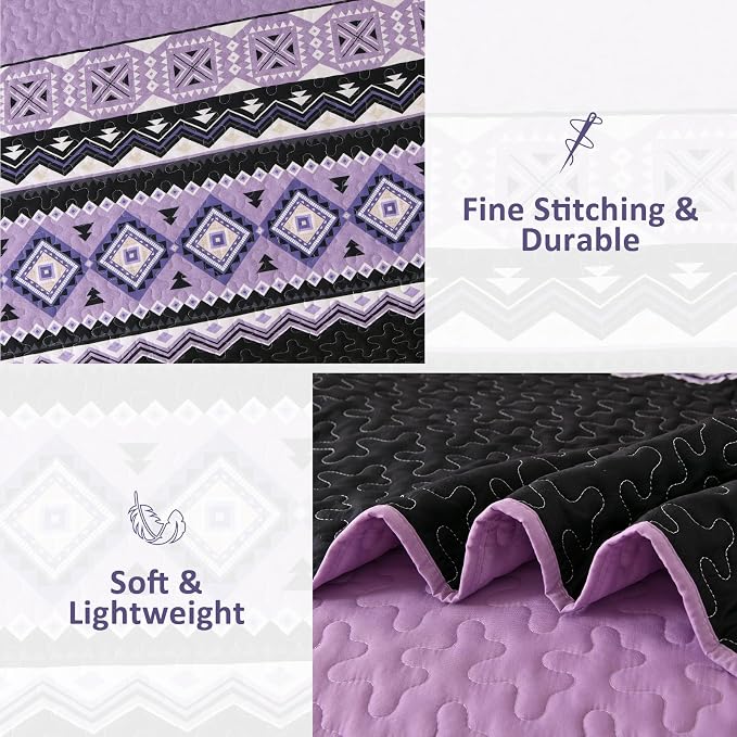 WONGS BEDDING 3 Pieces Quilt Set Queen Size, Purple Quilt Bedspread Lightweight Bohemian Coverlet Set with 2 Pillowcase, Soft Geometry Printed Bedding Set Queen for All Season 96"×90"