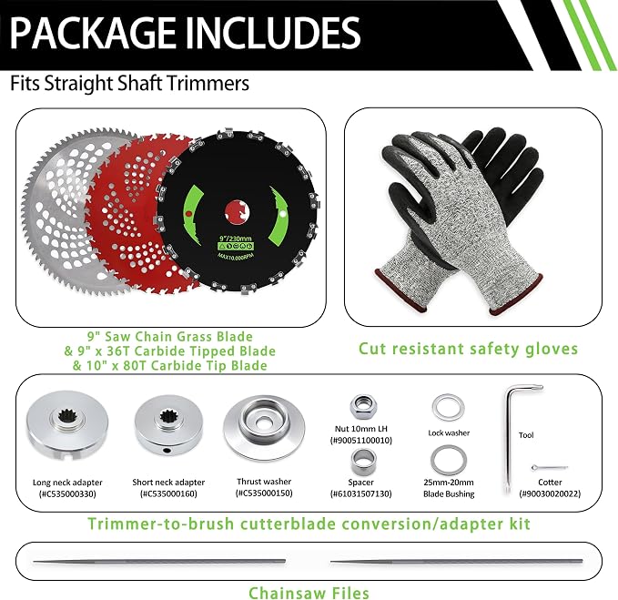 Brush Cutter Trimmer Conversion Kit with 9" x20T Carbon Steel Chainsaw Brush Cutter Blade & 9" x36T Carbide Tipped Blades & 10" x80T Carbide Tip Blades Compatible with Echo Models SRM-225 etc