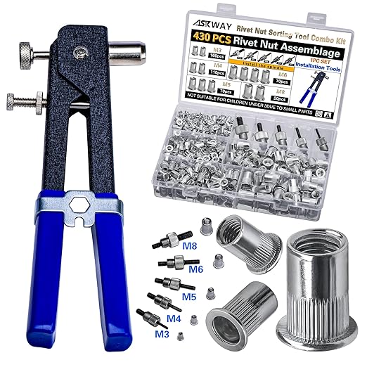 Pressure Rivet Nut Tool Kit, 430Pcs Aluminum Rivet Nut Combination (M8/M6/M5/M4/M3), Suitable for Furniture, Decoration, Automotive, Marine and Industrial Applications