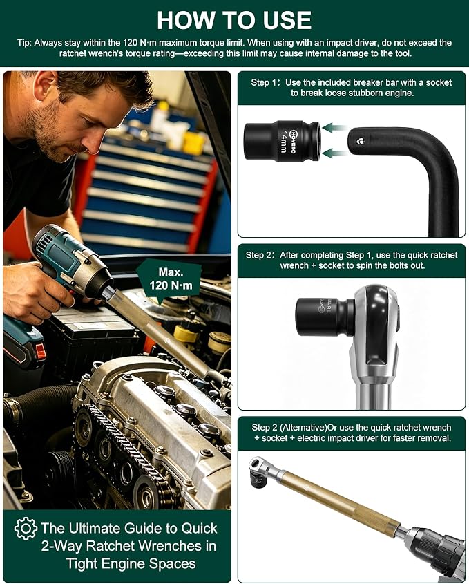 Gold 430mm offset Extension Ratchet Wrench Set, Impact Ready | Premium gold finish. Long reach manual ratchet for tight spaces. Compatible with electric impact guns for extra speed.