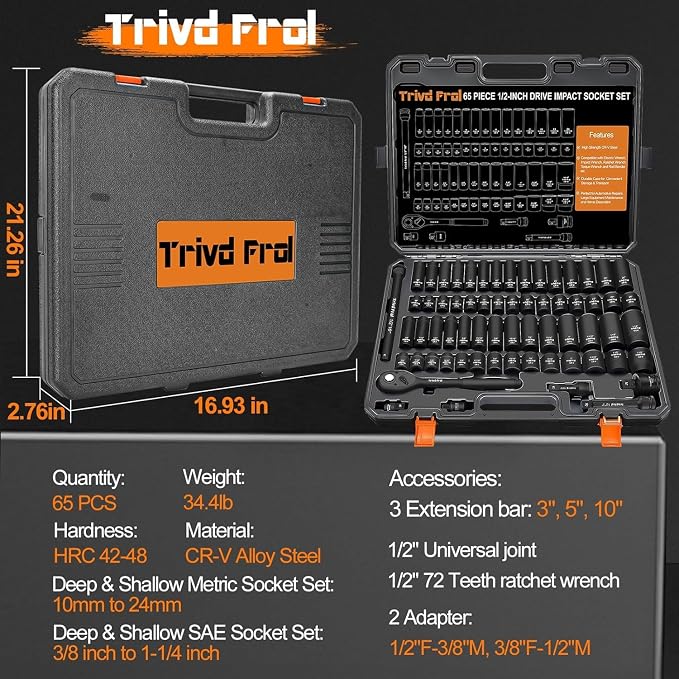 1/2" Impact Socket Set Metric and Standard - Trivd Frol 65 Piece Socket Set | SAE 3/8" to 1-1/4" and Metric 8-24mm, Shallow & Deep Socket Set, Cr-V Steel, 6-Point, with Ratchet, Extension Bars, Adapter