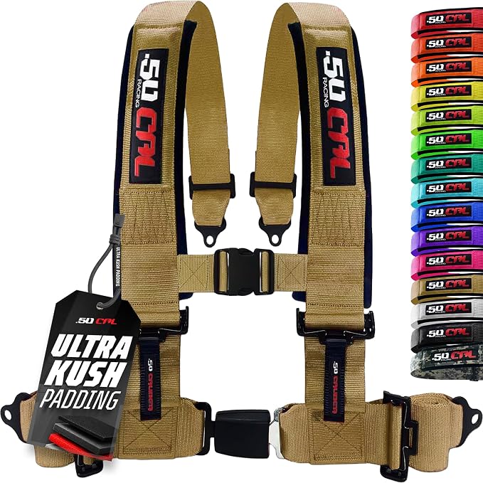1pc 50 Cal Gold 4 Point Harness 3in Straps, Racing Harness Seat Belt | Ultra Kush padding, Push Button quick release hardware. Universal Fit for UTV, RZR, race car.
