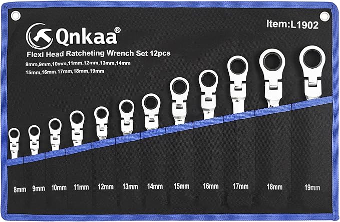 Qnkaa Flexible Ratchet Wrench Set 12pcs 8-19mm Spanner Gear Ring Ratcheting Combination Flexi Wrench Kit Metric Flex Head