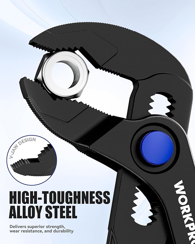 WORKPRO Mini Water Pump Pliers, 4-Inch Groove Joint Pliers, Fast Adjustable Tongue and Groove Pliers with 15-Position Push-Lock, V-Jaw for Multi-Surface Grip, Ideal for Tight Spaces and Versatile Use