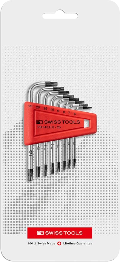 PB Swiss Tools Torx L-Wrench Set PB 410.H 6-25 CN | 100% Swiss Made | 8-Piece Allen Key Set Size T6-T25 in Practical Plastic Holder