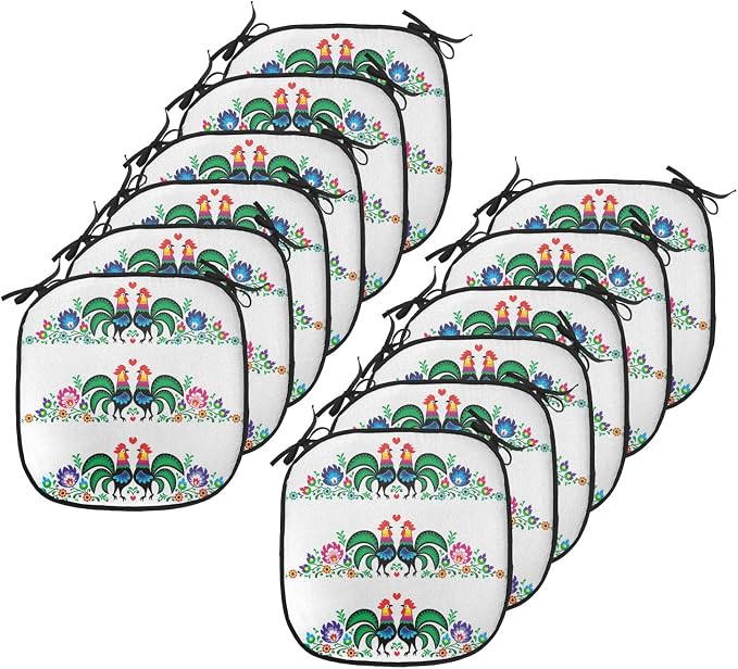 Lunarable Gallus Chair Cushion Pads Set 12, Roosters Polish Culture Slavic European Classics Art, Anti-Slip Seat Padding for Kitchen & Patio, 16"x16", Orange Green Pink