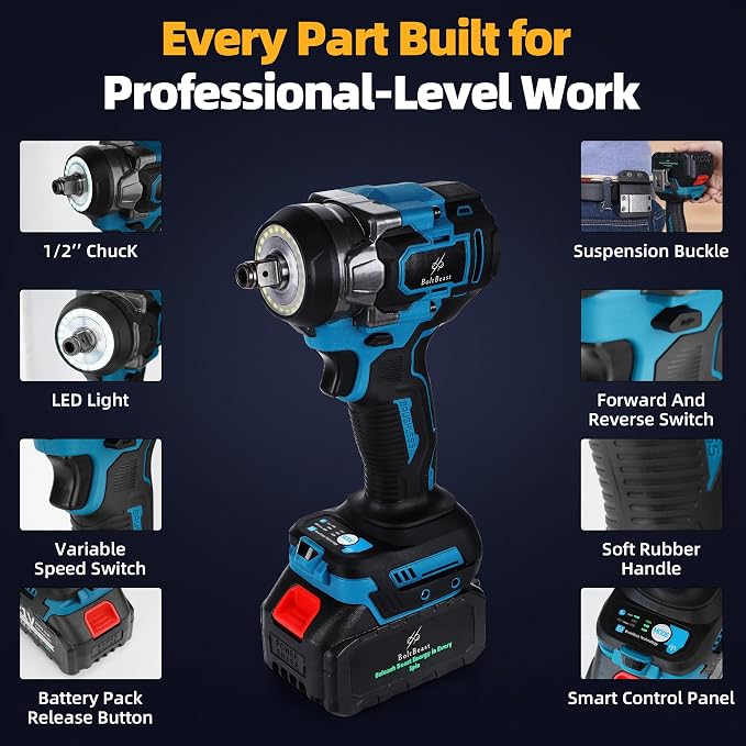 500 N.m Brushless Impact Wrench with Small Wrench, Waist Hook, 7 Sockets, 6 Screwdrivers and 6Drill Bits 3500 RPM Heavy Duty Impact Drill for Cars, RV, Truck,Home Furniture and DIY Projects