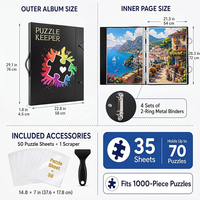 Puzzle Storage Folder for 1000 Pieces 35 Sheet/70 Puzzles 50 Set Stickers, 28.35" x 21.26" Large Capacity Jigsaw Book Holder Storage Binder Saver for Jigsaw Enthusiasts