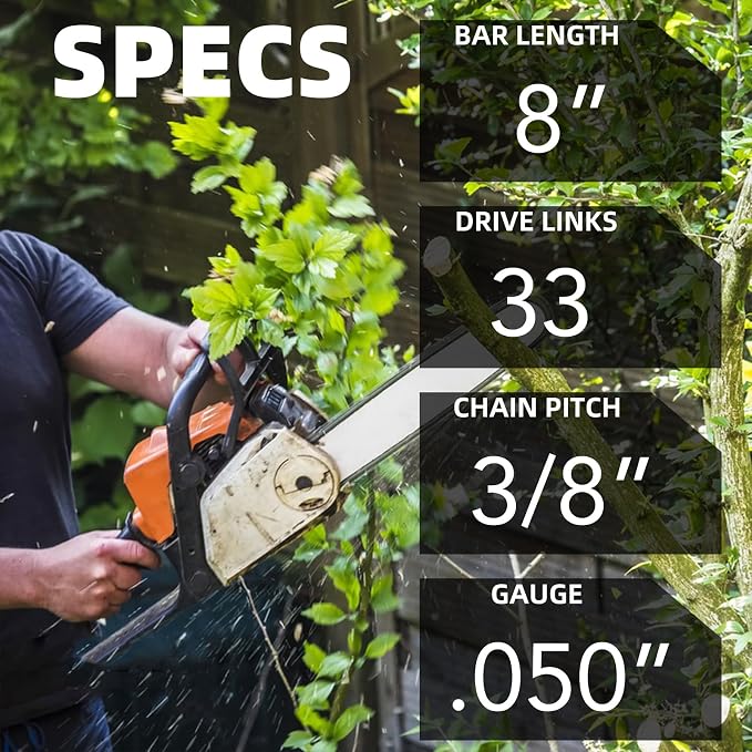 8 Inch Chainsaw Guide Bar and Chain Combo, 3/8" LP Pitch, 050" Gauge, 33 Drive Links, 8" Saw Guide Bar and Chain Combo Replacement for Greenworks, Sun Joe, Ryobi S33 (3Chains+ 1Bar)