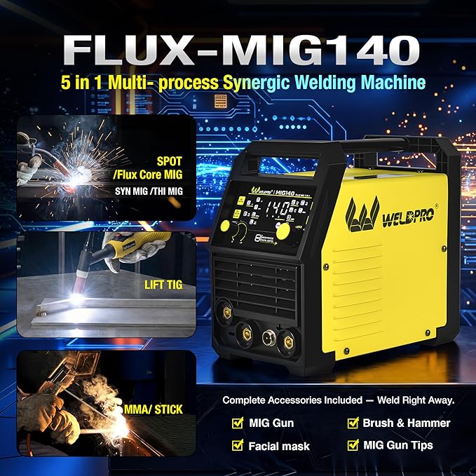 WELDPRO 140A MIG Welder 110/220V, 2026 Newest 5-in-1 Flux Core Welder, Synergic/Thickness Gasless MIG/Lift TIG/MMA/Spot Welding Machine, IGBT Inverter Welder with Large LED Digital Display, 2T/4T