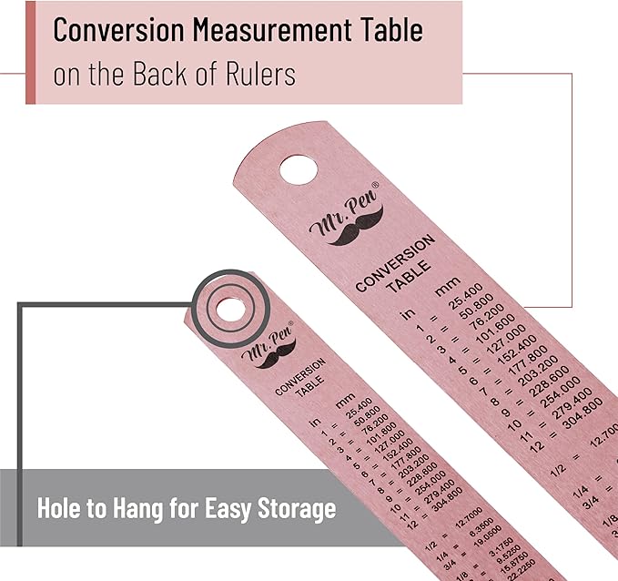 Mr. Pen- Metal Straight Edge Ruler, 2 Pack, 6" and 12", Rose Gold, Stainless Steel Ruler Set, Imperial & Metric Measurements for Drawing, Home, Office, Engineering
