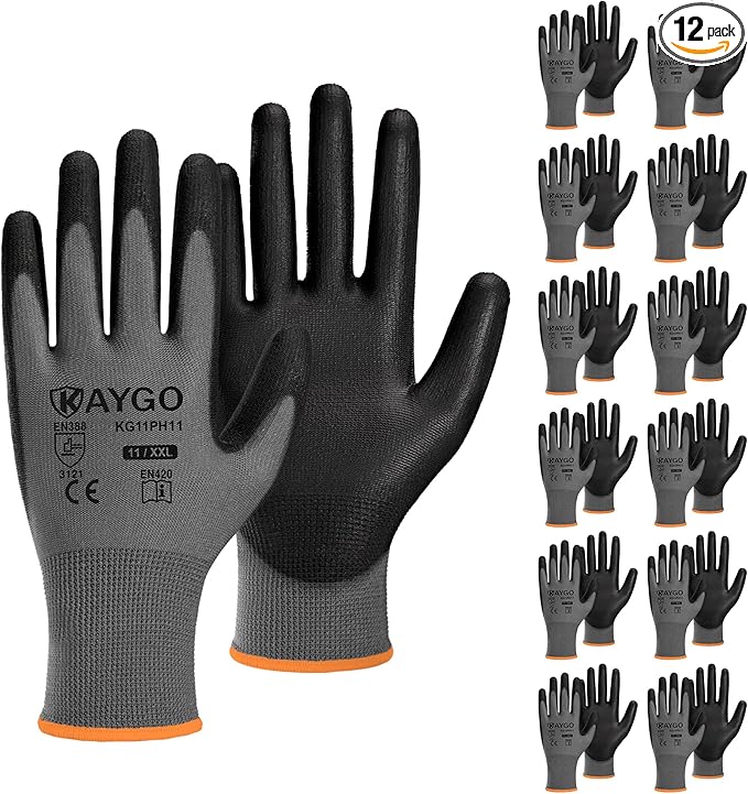 KAYGO Work Gloves for Men and Women, 12 Pairs Seamless Knit PU Coated Safety Gloves, with Smooth Grip on Palm and Fingers, Ideal for Light Warehouse, Manufacturing, Gardening, KG11P (2XL,Gray)
