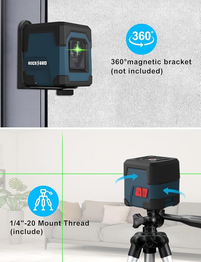 Laser Level, RockSeed Cross Line Laser with Self-Leveling, Vertical and Horizontal Line, Rotatable 360 Degree, Carrying Pouch, Battery Included (Green Laser, 2-Line with 27in Tripod)