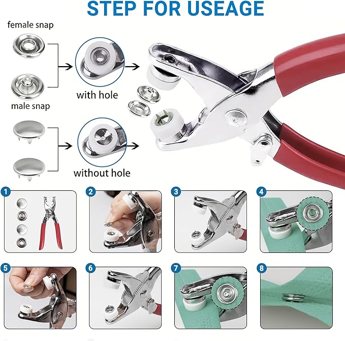 200 Sets Metal Snap Buttons with Fastener Pliers Press Tool Kit, Silver Solid Sewing Snaps for Fabric,Prong Snap Button Kits for DIY Crafting Clothing Sewing (9.5mm / 800 PCS)
