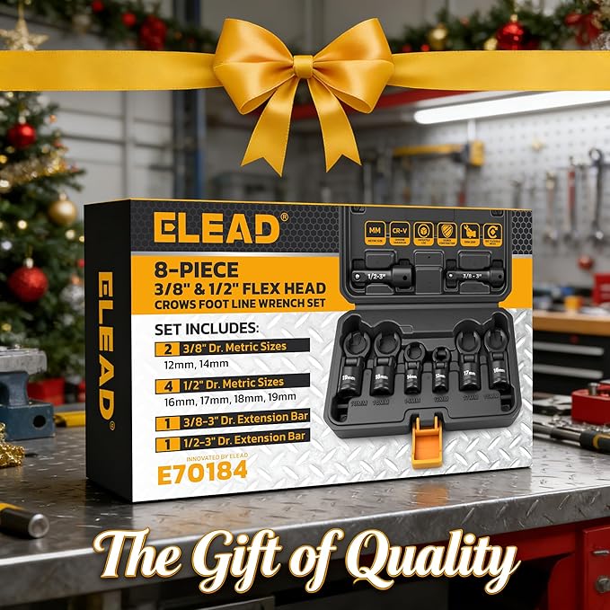 ELEAD 8-Piece Flex Head Crows Foot Wrench Set, Metric 12 14 16 17 18 19 mm with Extension Bar, 3/8" & 1/2" Drive Crowsfoot Line Wrenches Set, Access Fasteners in Tight Spaces