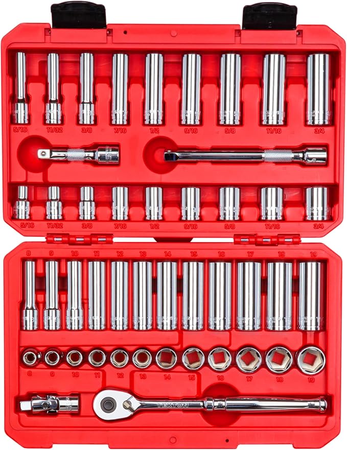 TEKTON 3/8 Inch Drive 6-Point Socket and Ratchet Set, 46-Piece (5/16-3/4 in., 8-19 mm) | SKT15301 | (5/16 - 3/4 in., 8 - 19 mm), Shallow and Deep, Case