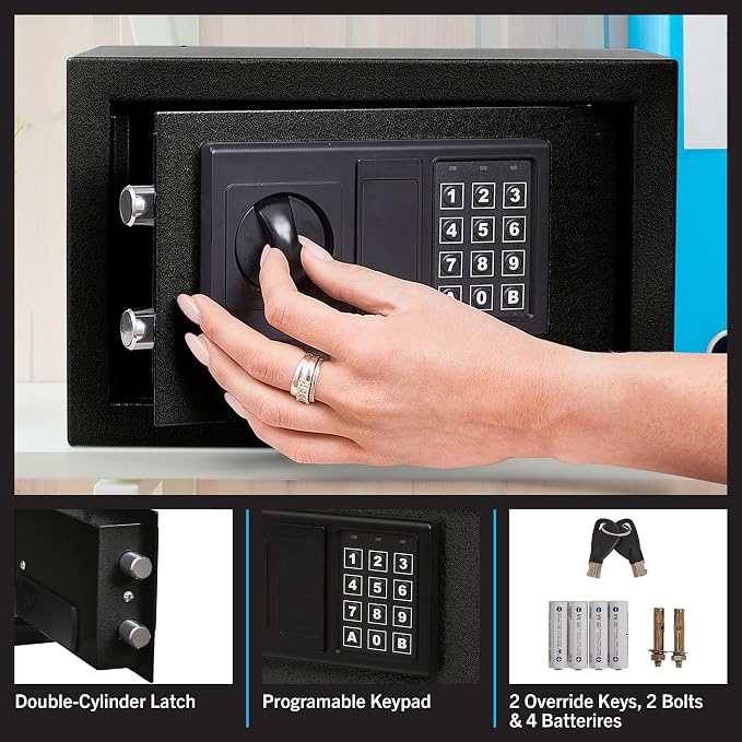 Digital Safe - Electronic Steel Safe with Keypad and Manual Override Keys - Protect Money, Jewelry, Passports - For Home, Business by Stalwart (Black), 12.2" (L) x 7.9" (W) x 7.9" (H)