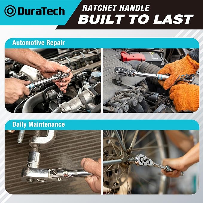 DURATECH 3/8-Inch Flex-Head Ratchet, 90-Tooth Quick-Release Ratchet Wrench | Socket Wrench with 180° Pivoting Head and 7-Position Setting, Reversible, CR-V Made, CR-MO Head, 4° Swing, Full Polished