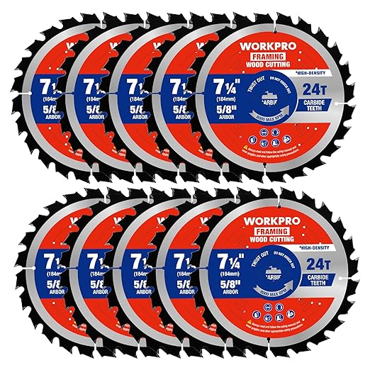 WORKPRO 7-1/4 Inch Woodworking Circular Saw Blades, 24T Contractor Bulk Framing, Thin Kerf, Carbide Tipped, ATB Tooth, 10-Pack