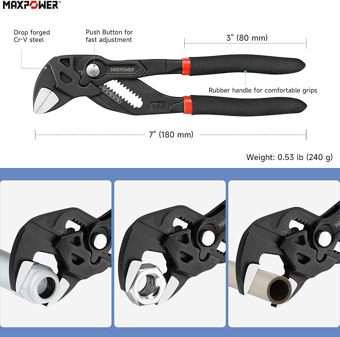 MAXPOWER 7 inch Mini Pliers Wrench, 1.57 inch Jaw Opening, Smooth Jaws