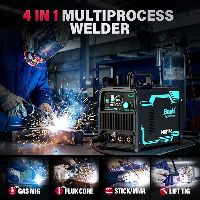 145A 4-in-1 MIG Welder,110V/220V Dual Voltage Gas MIG/Flux Core MIG/Lift TIG/Stick Multiprocess MIG Welding Machine, Portable IGBT Inverter with Synergic Control & Auto Darkening Helmet，Gloves