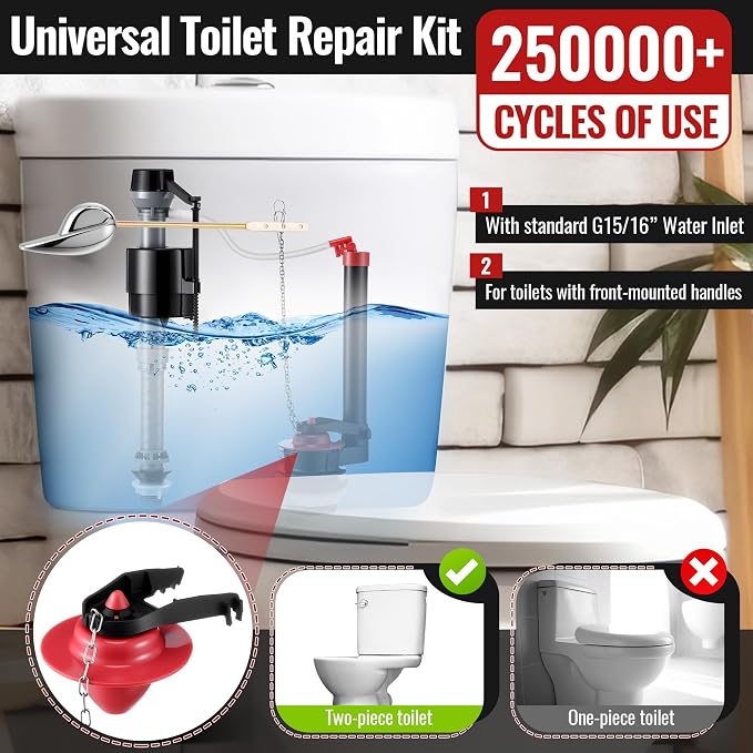 2 Inch Toilet Flusher Replacement Kit, Toilet Flusher Repair Kit Include Adjustable Fill Valve with Flapper, Metal Front Flush Handle, Gasket and Bolts, Anti-Siphon Repair Parts Tank(1 Set)