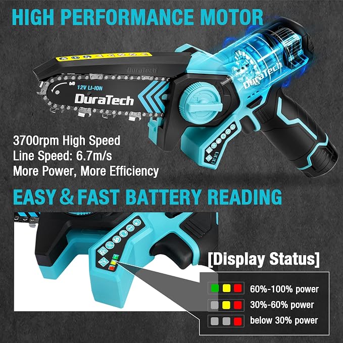 DURATECH 12V Mini Chainsaw, 6 Inch Cordless Electric Wood Cutting Saw | 2 Batteries, 2 Chains, One-Hand Operation, Portable Design, Tree Pruning, Garden Maintenance, Branch Cutting, DIY Projects