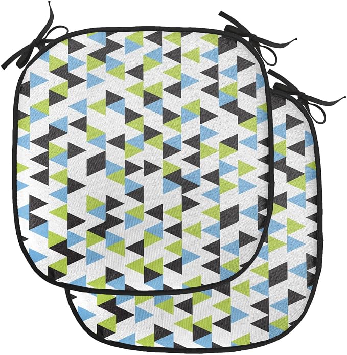 Lunarable Geometric Chair Cushion Pads Set of 2, Abstract Patterns Triangles Geometry in Contrasting Colors, Anti-Slip Seat Padding for Kitchen & Patio, 16"x16", Avocado Green Pale Blue