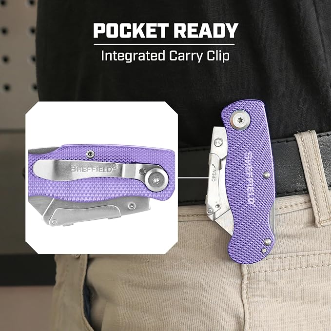 Sheffield 12353 Lock Back Utility Knife 3 Pack with 10 Blades, Quick Change Folding Box Cutter, Aluminum Handle Utility Knives with Pocket Clip, Pink, Purple & Light Blue