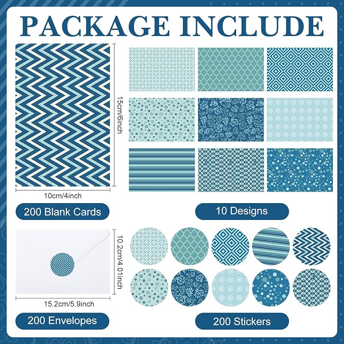 Maitys 200 Set Geometry Blank Cards and Envelopes Bulk 4x6 Inch Blank Blue Greeting Cards with Envelopes & Stickers 10 Elegant Designs Stationery Notecards for Anniversary Birthday Business Events