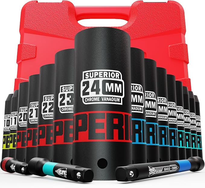 18 Piece 1/2" Drive Impact Socket Set, 10 mm - 24 mm Deep Socket, with Extension Bars:3-inch, 5-inch, 10-inch, Metric, 6-Point, CR-V Steel, Automotive Maintenance, Machinery Manufacturing