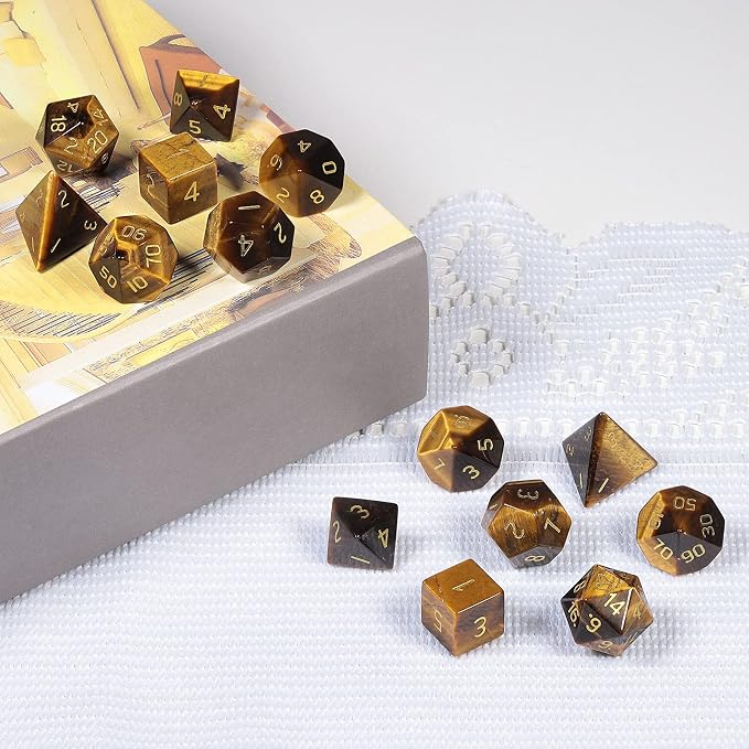 mookaitedecor 7 PCS Tiger's Eye Crystal Polyhedral DND Dice Set, Polished Tumbled Stones Dices for RPG MTG Table Games Home Decoration