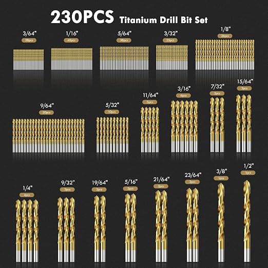 Drill Bit Set, 230Pcs Titanium Twist Drill Bit for Sheet Metal, Wood, Plastic, Quick Change Design (3/64" - 1/2")