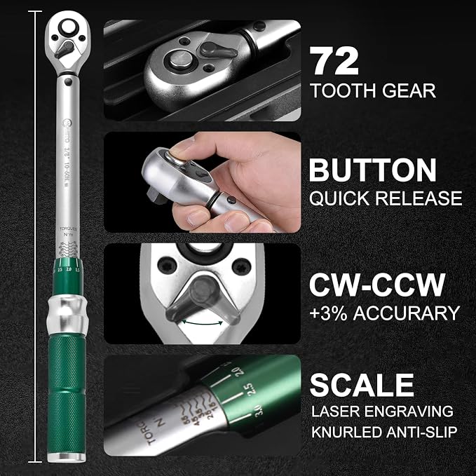 3/8" Drive 7Pcs Click Torque Wrench Set, 7.38-44.25 ft.lb / 10-60 Nm | ±3% High Precision 72-Tooth Reversible Cr-V Tool for Auto, Motorcycle & Bicycle Repair with Storage Case